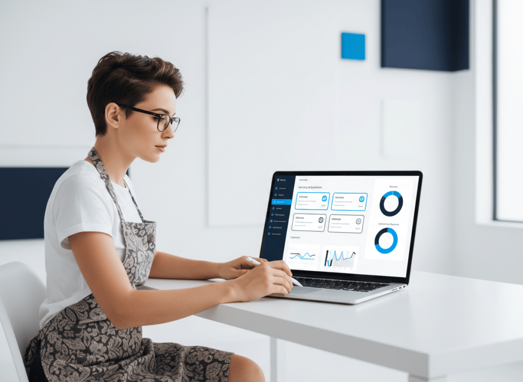 Illustration d'un indépendant consultant un logiciel de devis et de facturation sur ordinateur.